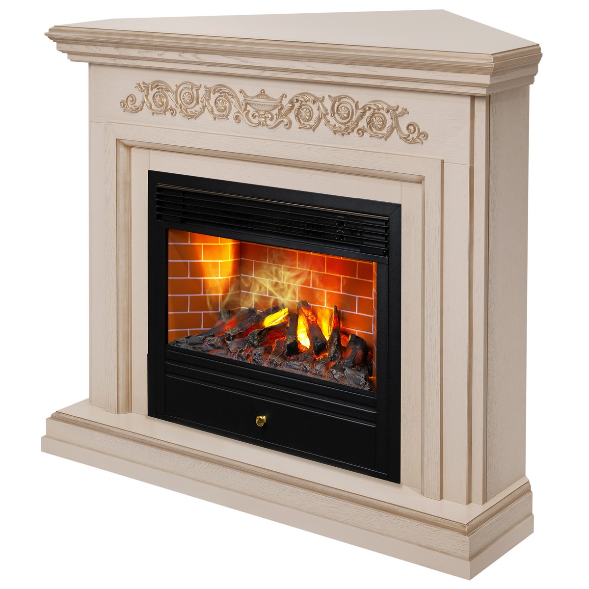 Электрокамин RealFlame Leticia Corner 26 WT белый дуб с золотой патиной с очагом 3D Novara