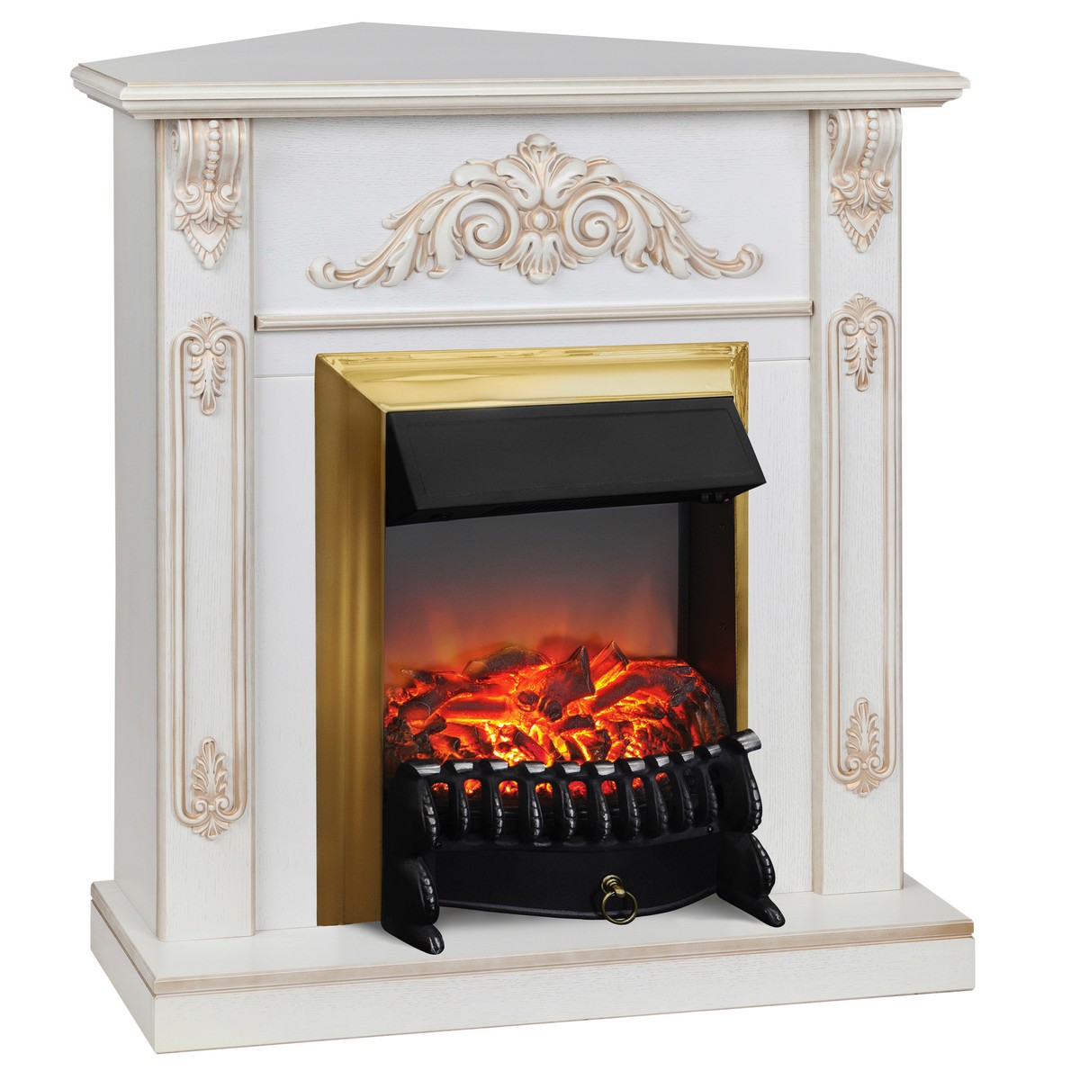 Электрокамин RealFlame Anita Corner WT дуб белый с золотой патиной с очагом Fobos Lux Brass