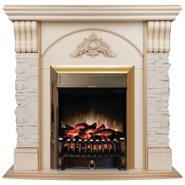 Электрокамин RealFlame Athena WT белый дуб с золотой патиной с очагом Fobos Lux Brass