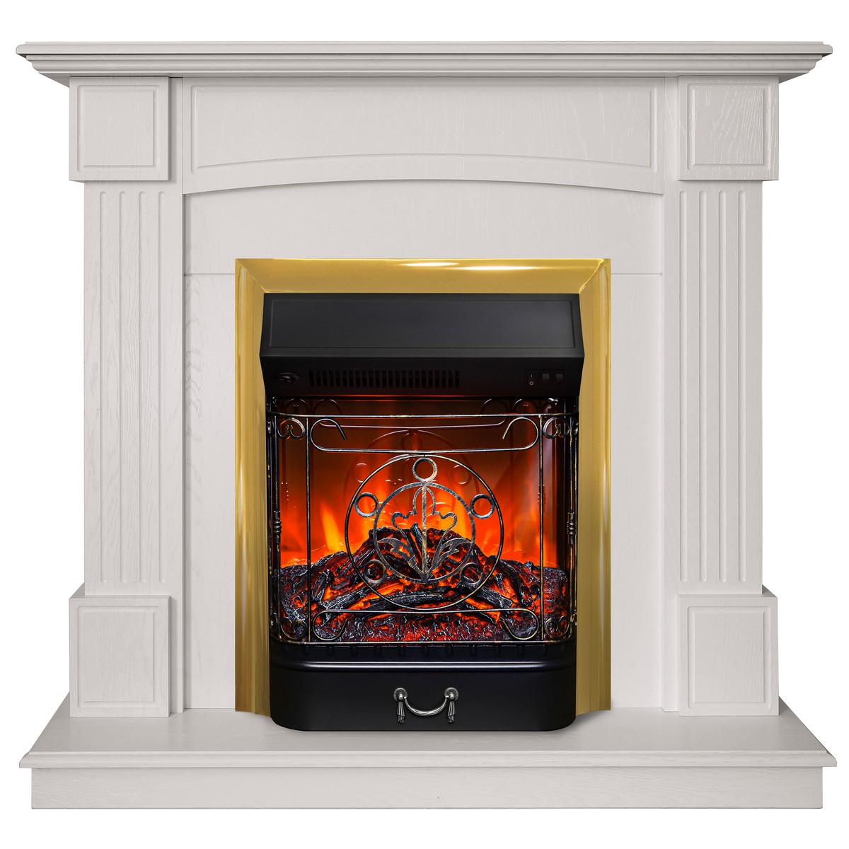 Электрокамин RealFlame Andrea WT фактурный белый с очагом Majestic Lux Brass