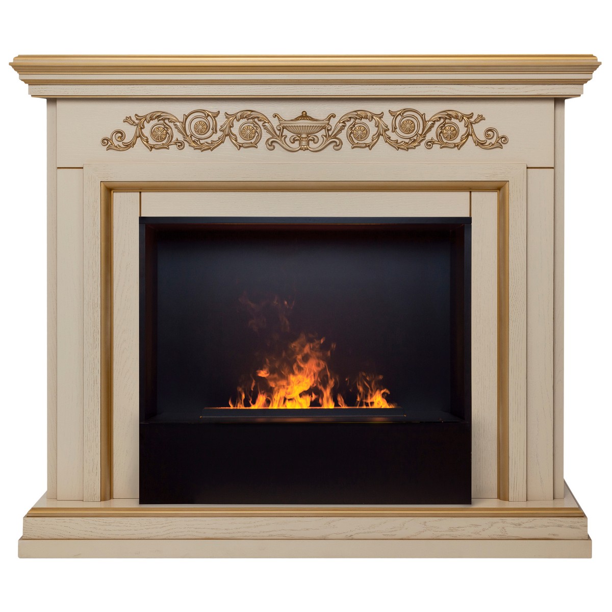 Электрокамин RealFlame Leticia 26 WT белый дуб с золотой патиной с очагом 3D Cassette 630 Black Panel