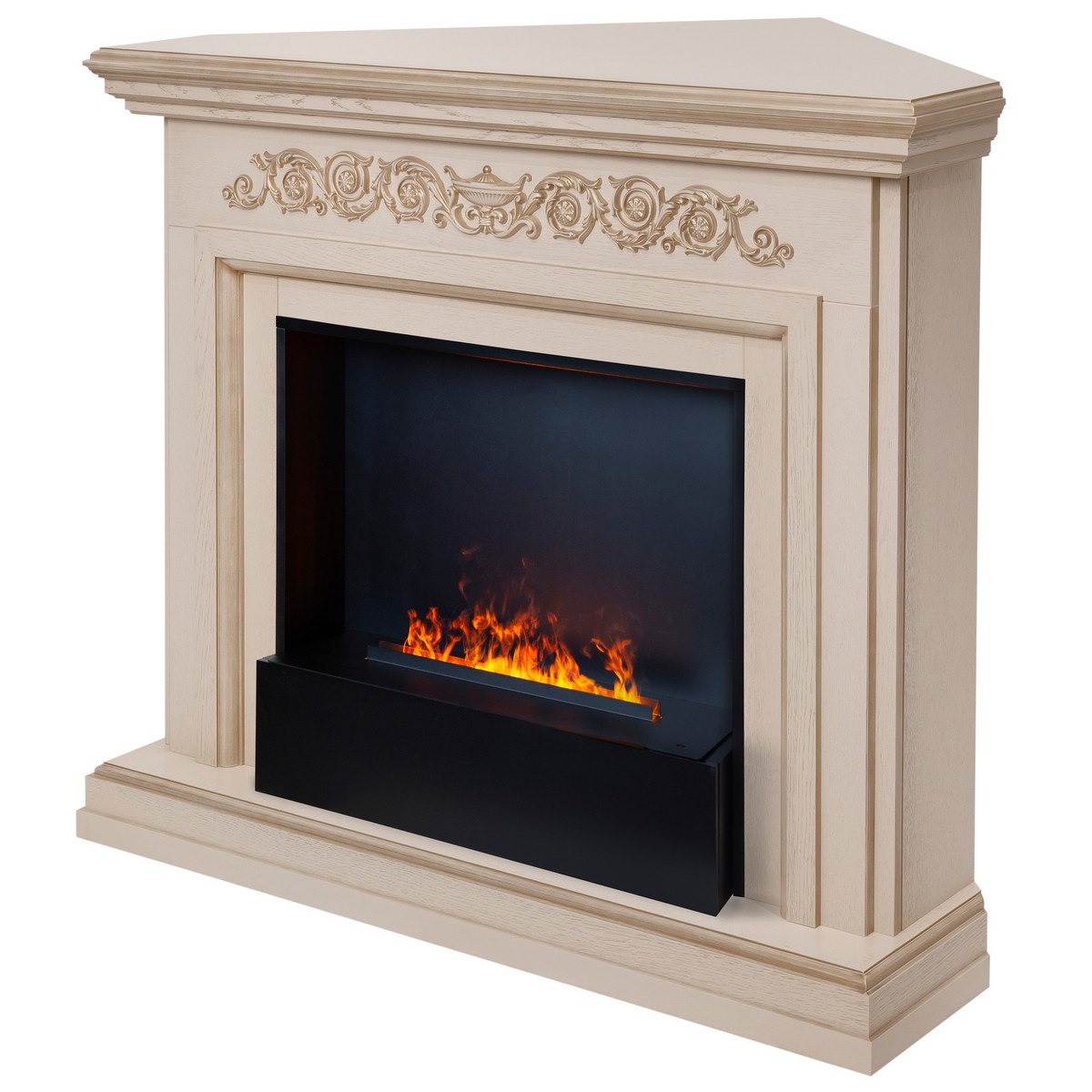 Электрокамин RealFlame Leticia Corner 26 WT белый дуб с золотой патиной с очагом 3D Cassette 630 Black Panel