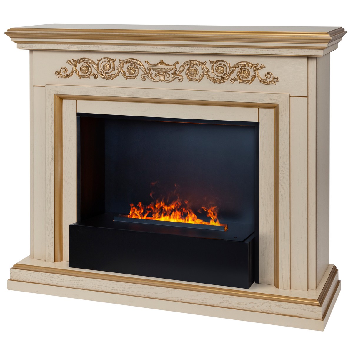 Электрокамин RealFlame Leticia 26 WT белый дуб с золотой патиной с очагом 3D Cassette 630 Black Panel