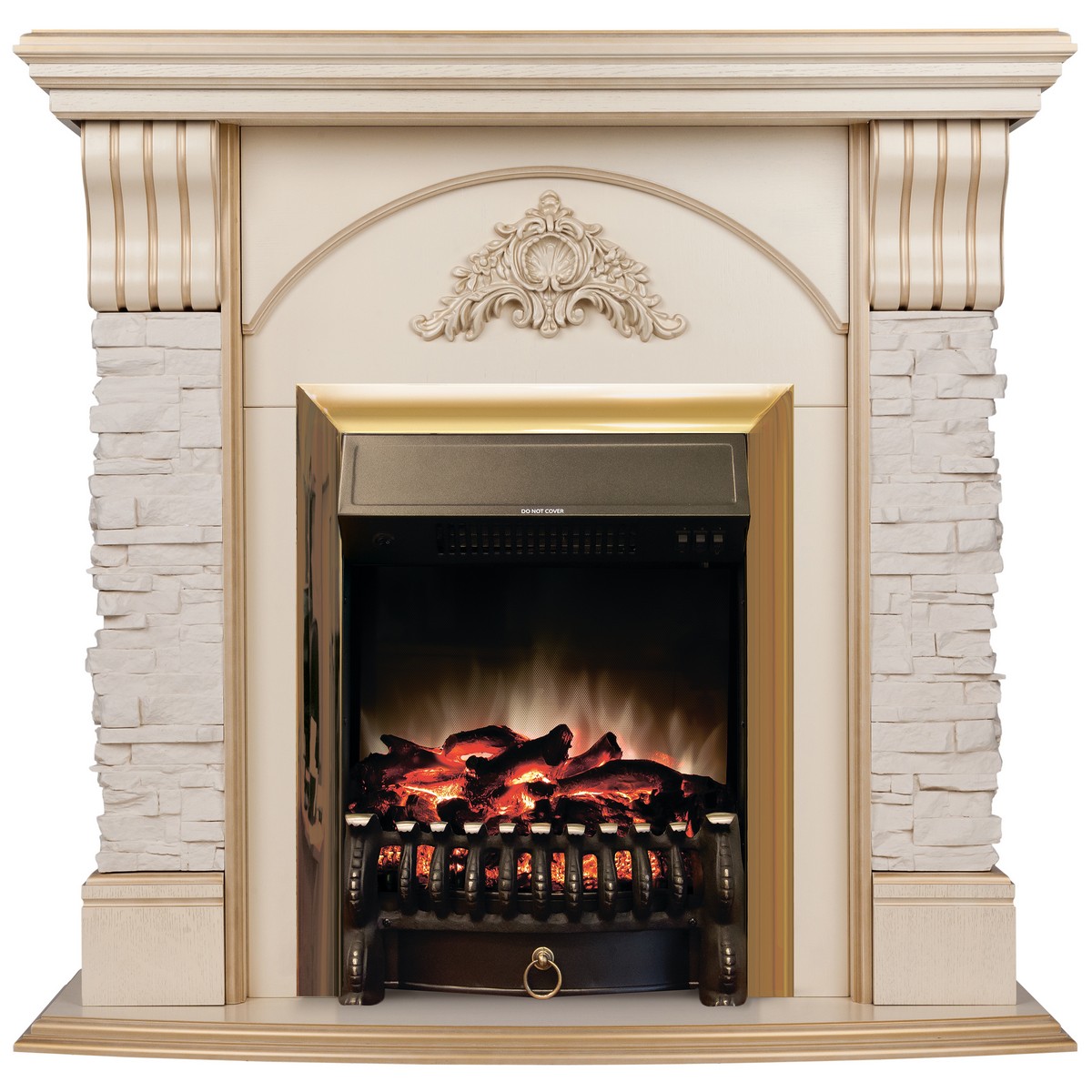 Электрокамин RealFlame Athena WT белый дуб с золотой патиной с очагом Fobos Lux Brass