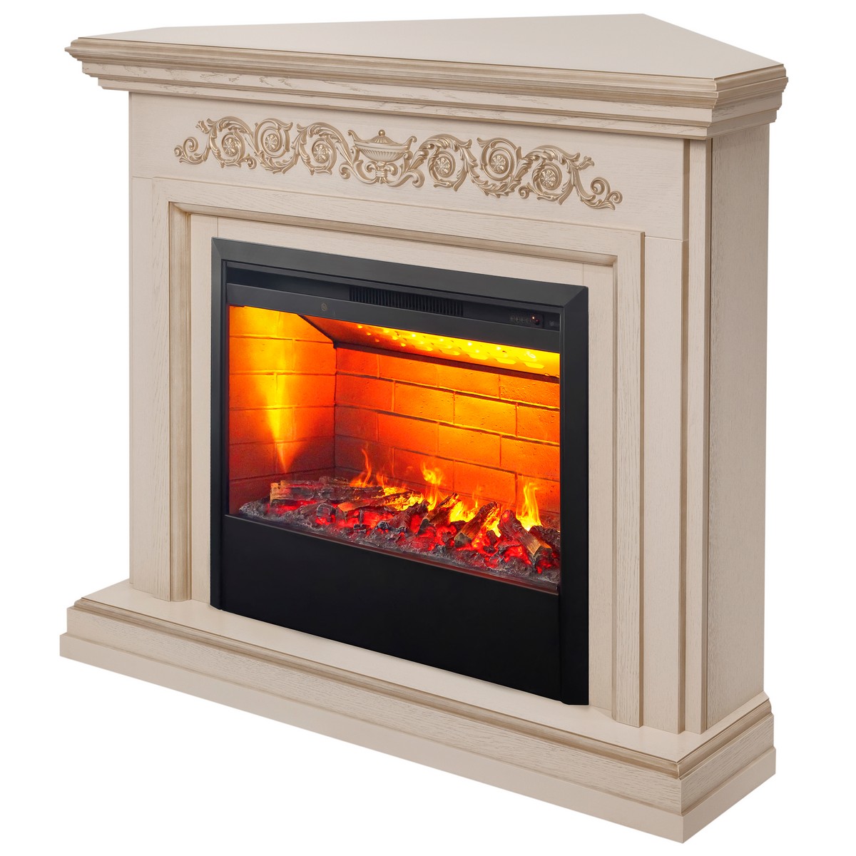 Электрокамин RealFlame Leticia Corner 26 WT белый дуб с золотой патиной с очагом 3D Helios 26