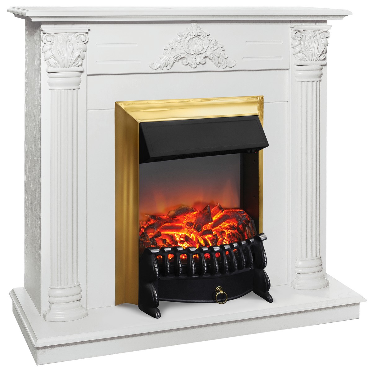 Электрокамин RealFlame Stefania WT белое золото с очагом Fobos Lux Brass