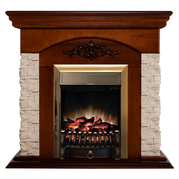 Электрокамин RealFlame Neapolis NT орех с очагом Fobos Lux Brass