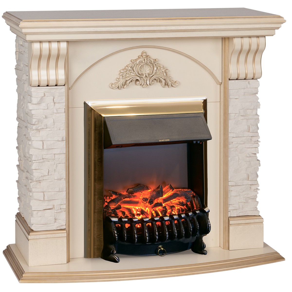 Электрокамин RealFlame Athena WT белый дуб с золотой патиной с очагом Fobos Lux Brass
