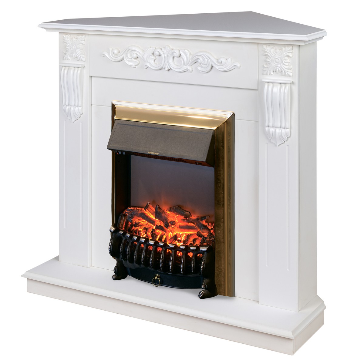 Электрокамин RealFlame Dominica Corner DN белый матовый с очагом Fobos Lux Brass
