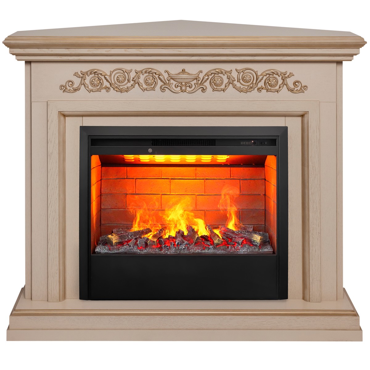 Электрокамин RealFlame Leticia Corner 26 WT белый дуб с золотой патиной с очагом 3D Helios 26