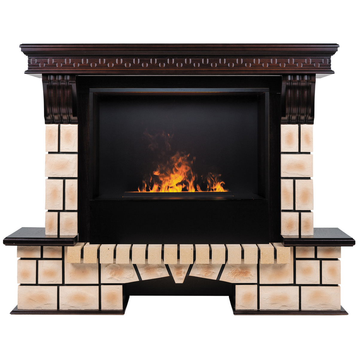 Электрокамин RealFlame Stone Brick AO античный дуб с очагом 3D Cassette 630 Black Panel