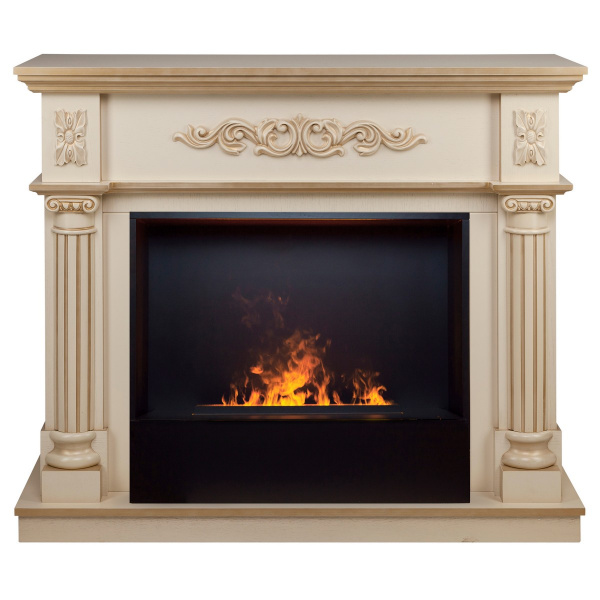 Электрокамин RealFlame Silvia 26 WT белый дуб с золотой патиной с очагом 3D Cassette 630 Black Panel