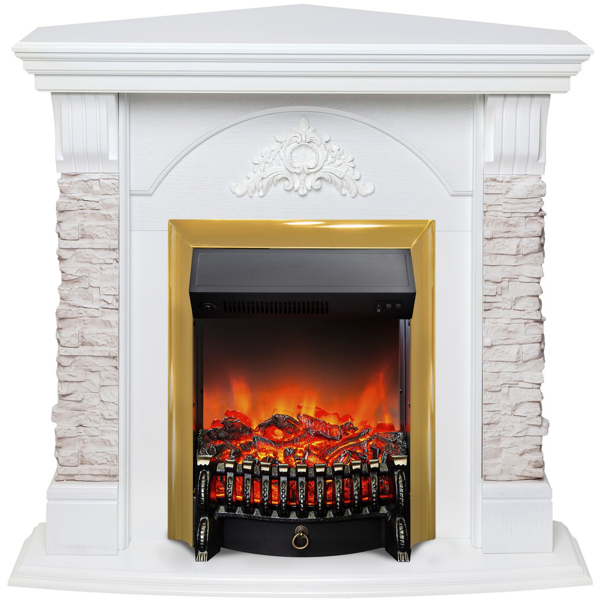 Электрокамин RealFlame Athena Corner GR белый с очагом Fobos Lux Brass
