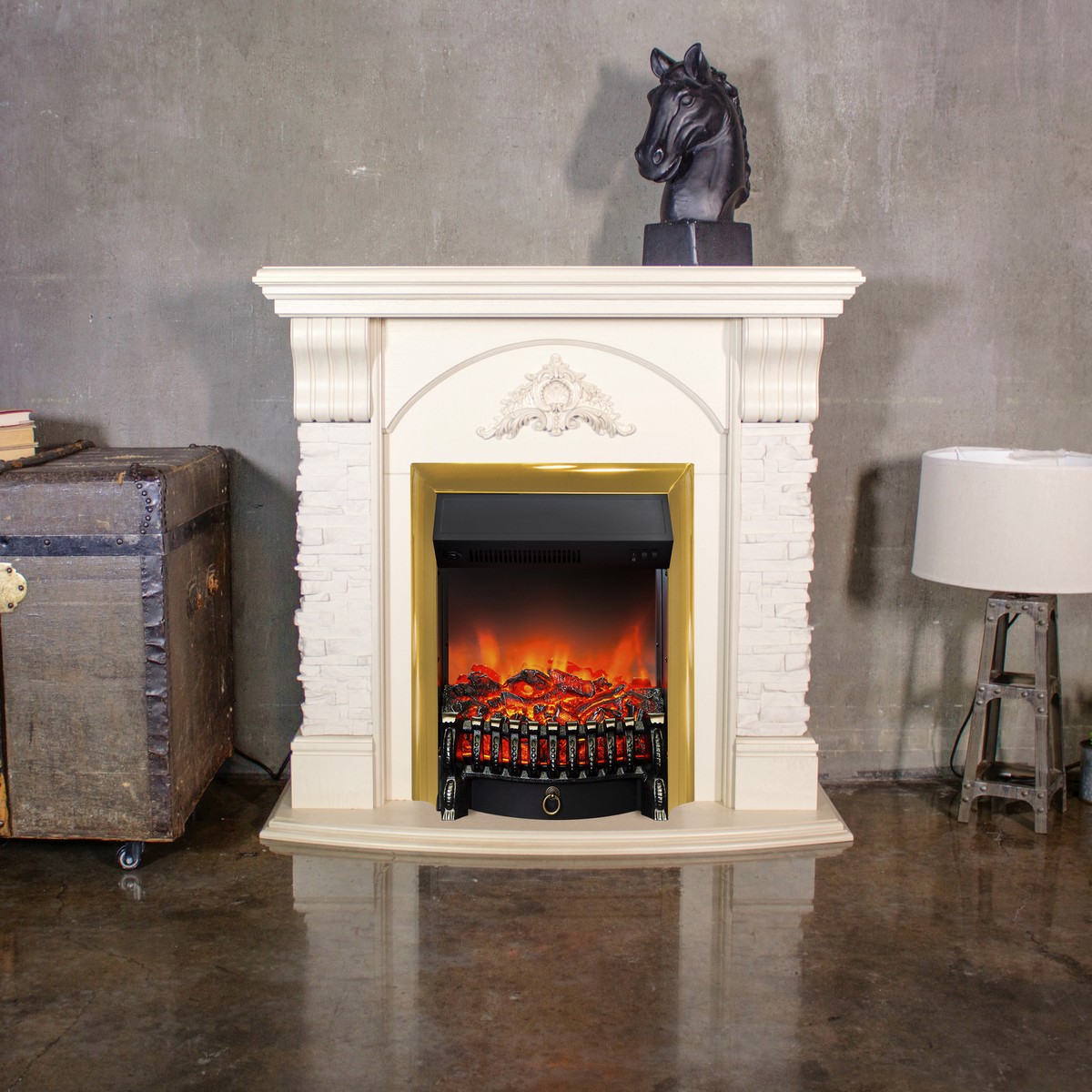 Электрокамин RealFlame Athena WT белый дуб с золотой патиной с очагом Fobos Lux Brass