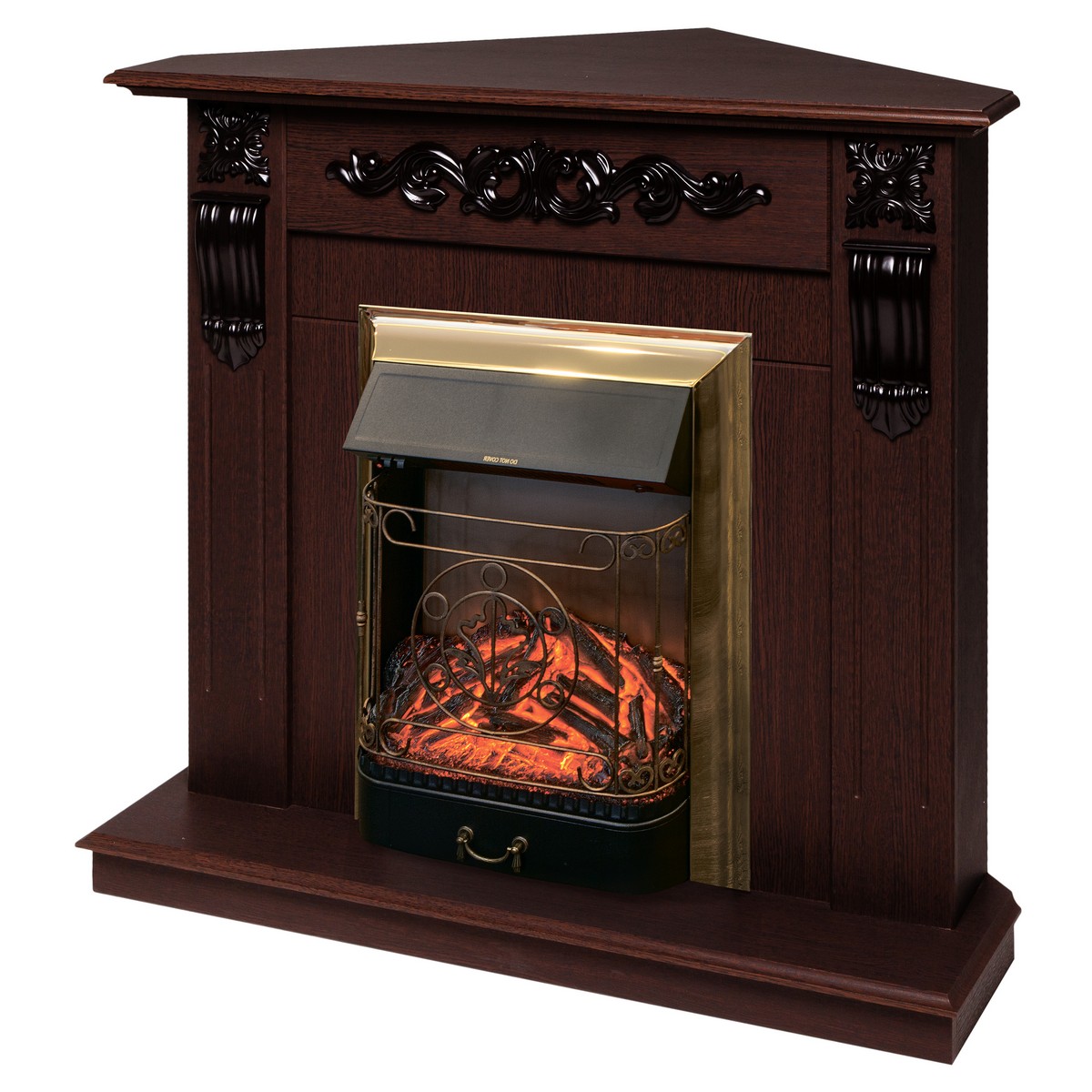 Электрокамин RealFlame Dominica Corner DN орех с очагом Majestic Lux Brass