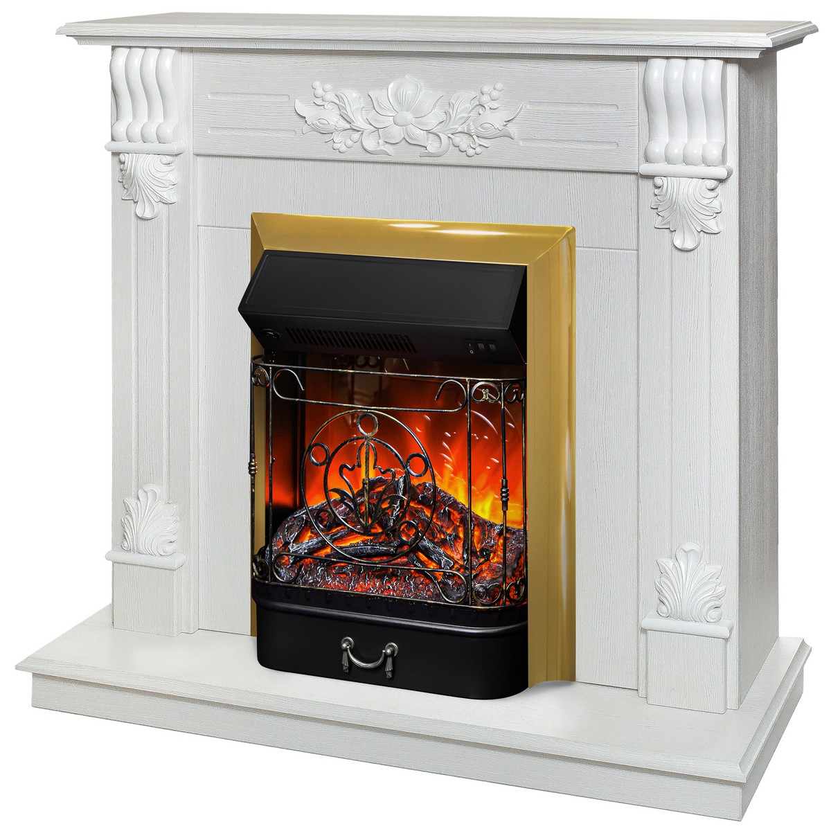 Электрокамин RealFlame Ottawa WT белое золото с очагом Majestic Lux Brass