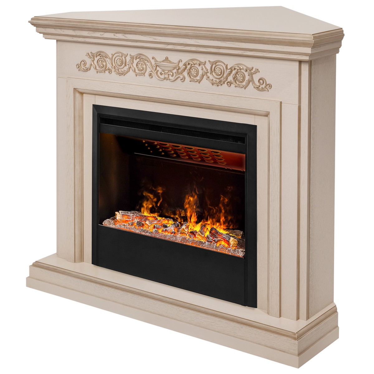 Электрокамин RealFlame Leticia Corner 26 WT белый дуб с золотой патиной с очагом 3D Helios 26 SBG