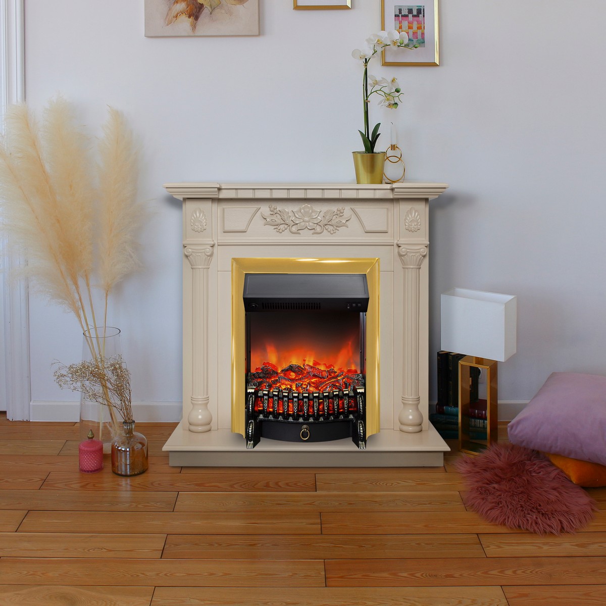 Электрокамин RealFlame Dacota WT белый дуб с очагом Fobos Lux Brass