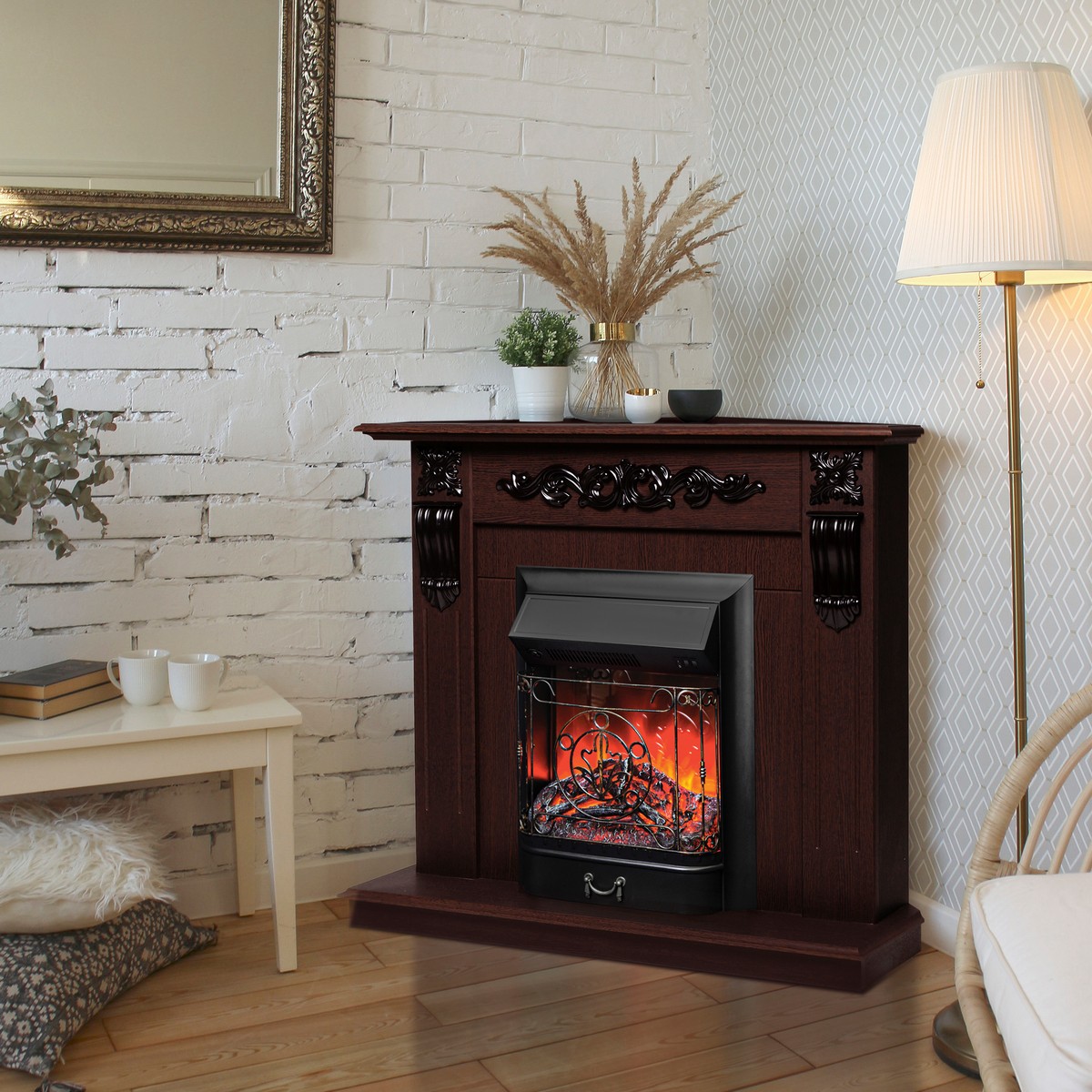 Электрокамин RealFlame Dominica Corner DN орех с очагом Majestic Lux Black