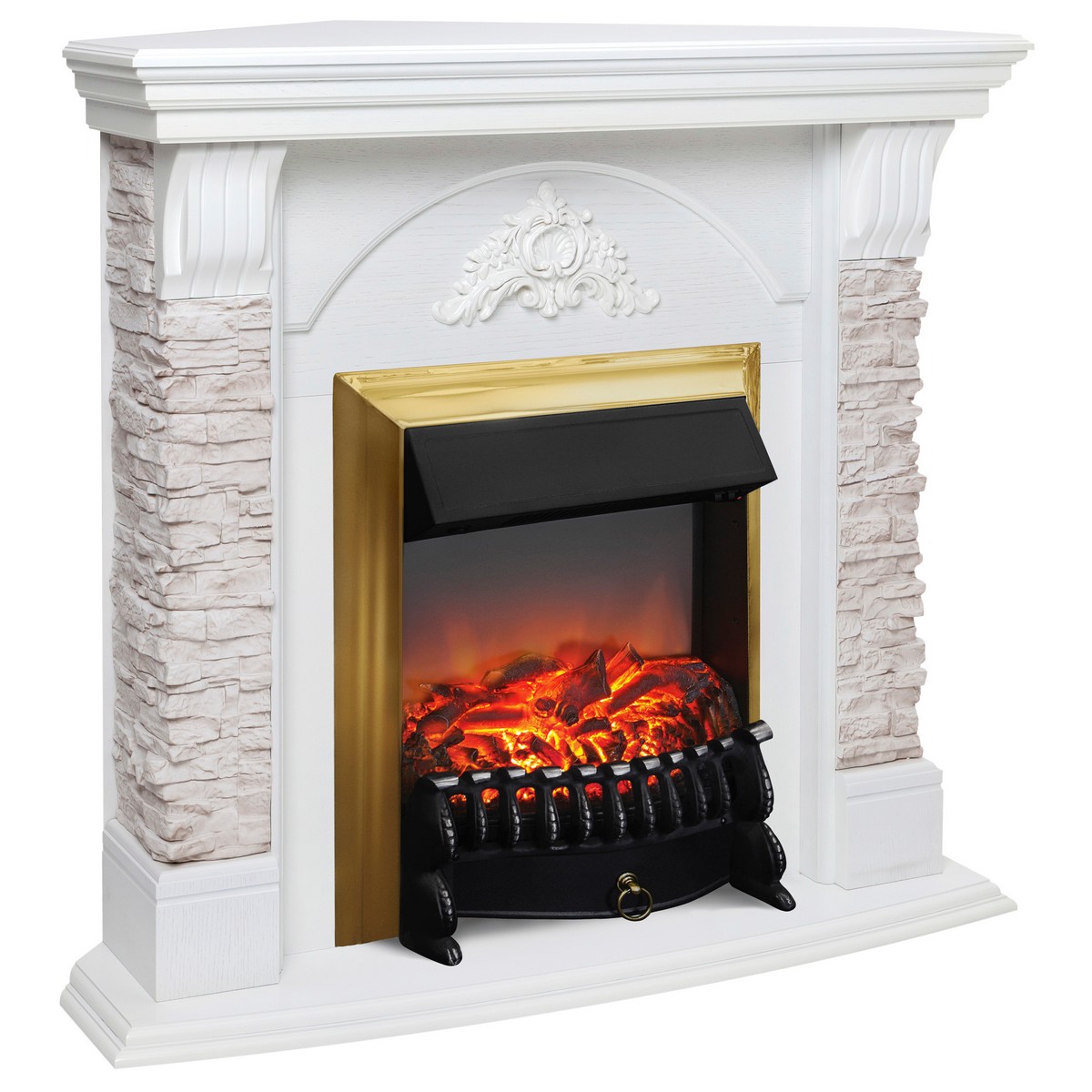 Электрокамин RealFlame Athena Corner GR белый с очагом Fobos Lux Brass