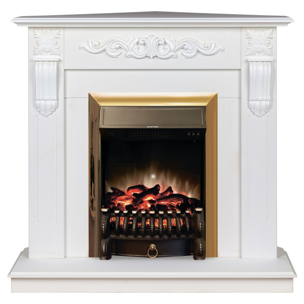 Электрокамин RealFlame Dominica Corner DN белый матовый с очагом Fobos Lux Brass