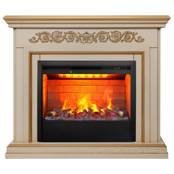 Электрокамин RealFlame Leticia 26 WT белый дуб с золотой патиной с очагом 3D Helios 26