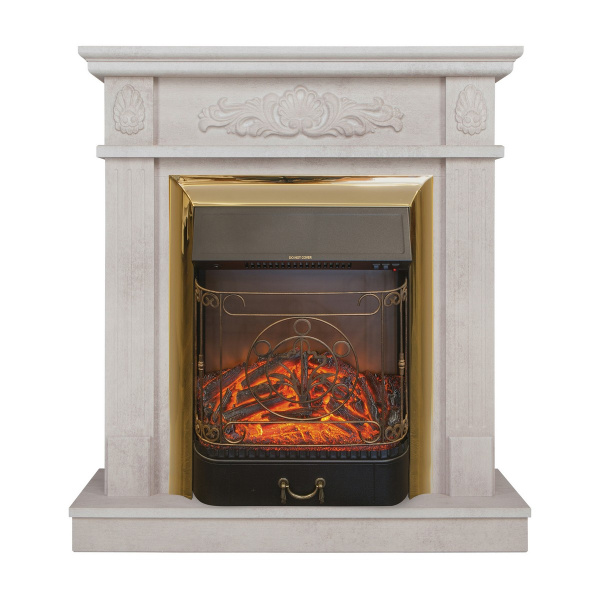Электрокамин RealFlame Adelaida WT белый камень с очагом Majestic Lux Brass