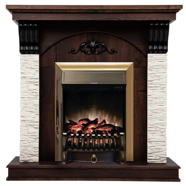 Электрокамин RealFlame Corfino NT орех с очагом Fobos Lux Brass