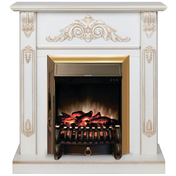 Электрокамин RealFlame Anita WT дуб белый с золотой патиной с очагом Fobos Lux Brass