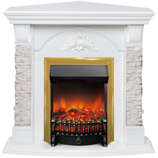 Электрокамин RealFlame Athena Corner GR белый с очагом Fobos Lux Brass