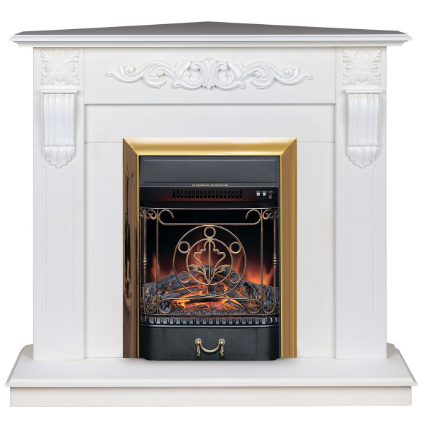 Электрокамин RealFlame Dominica Corner DN белый матовый с очагом Majestic Lux Brass